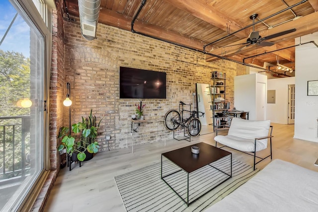 1740 N Maplewood Ave Unit 301, Chicago, IL 60647 - living room featuring brick wall, a wood ceiling with exposed beams, electric panel, a ceiling fan, and wood finished floors