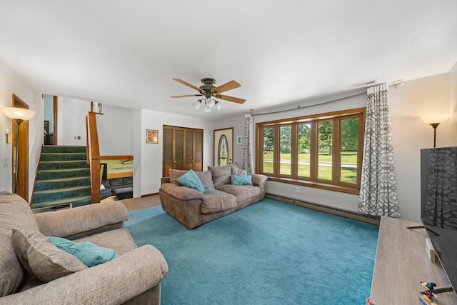 2689 Lynnville Ct, Lindenwood, IL 61049 - carpeted living area featuring a baseboard radiator, ceiling fan, and stairs