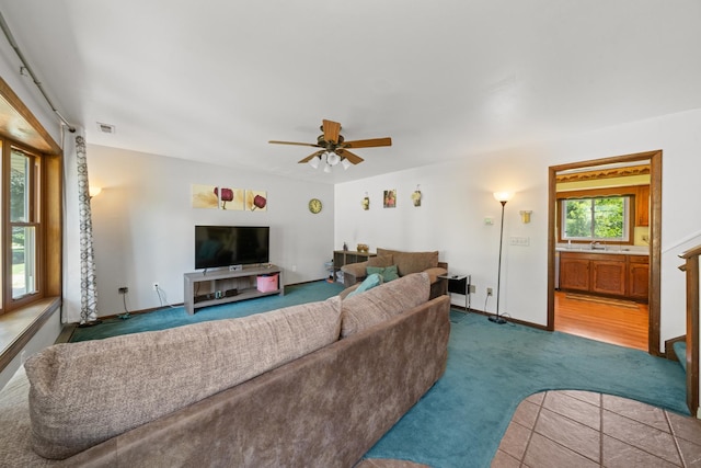 2689 Lynnville Ct, Lindenwood, IL 61049 - living area featuring dark colored carpet and a ceiling fan