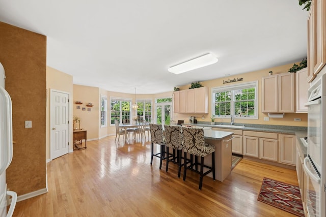 484 W Haleys Hill Ct, Palatine, IL 60074 - kitchen featuring a breakfast bar area, light wood-style floors, a kitchen island, and pendant lighting