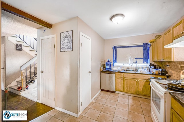 1137 Court A Dr, Hanover Park, IL 60133 - kitchen featuring stainless steel dishwasher, white range with electric stovetop, decorative backsplash, light tile patterned floors, and dark countertops
