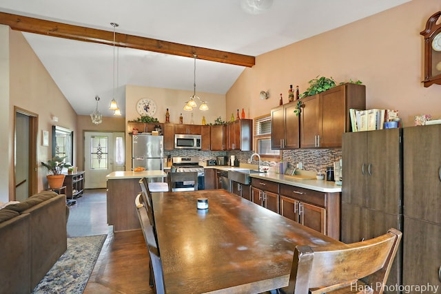 7523 Hickory, Wonder Lake, IL 60097 - dining room featuring beamed ceiling, dark wood-type flooring, and high vaulted ceiling