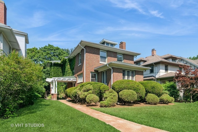 807 Fair Oaks Ave, Oak Park, IL 60302 - view of property exterior featuring brick siding, a lawn, a chimney, and a pergola