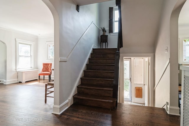 807 Fair Oaks Ave, Oak Park, IL 60302 - staircase with crown molding, hardwood / wood-style floors, arched walkways, radiator heating unit, and healthy amount of natural light