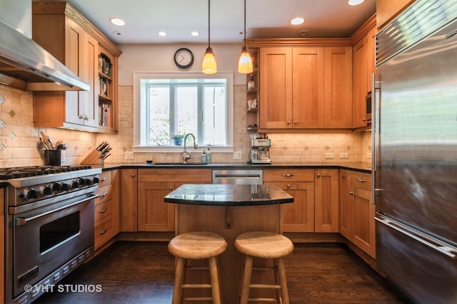 807 Fair Oaks Ave, Oak Park, IL 60302 - kitchen with high quality appliances, wall chimney range hood, open shelves, dark wood-style flooring, and recessed lighting