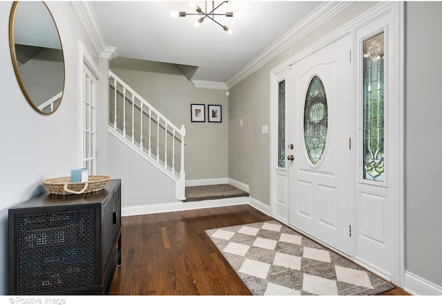 11405 191st St, Mokena, IL 60448 - foyer featuring wood finished floors, ornamental molding, stairway, and a chandelier