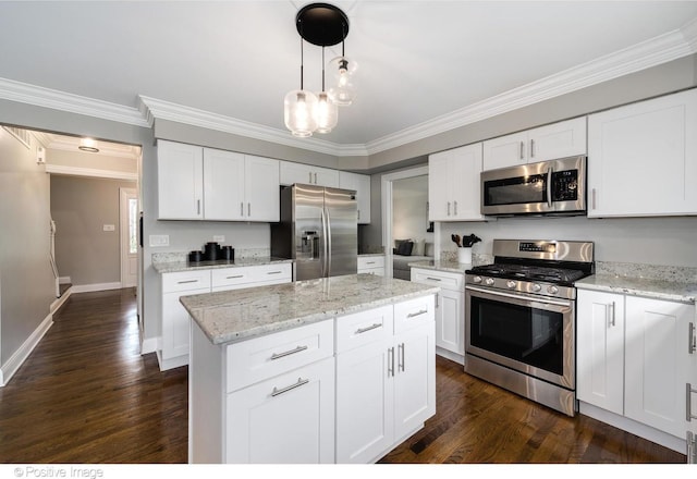 11405 191st St, Mokena, IL 60448 - kitchen featuring stainless steel appliances, ornamental molding, dark wood-style floors, and white cabinets