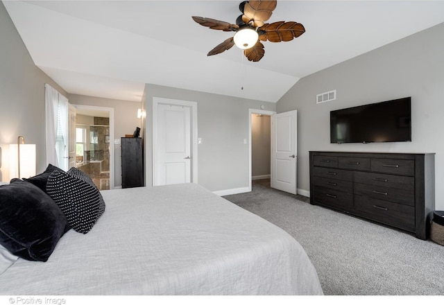 11405 191st St, Mokena, IL 60448 - carpeted bedroom featuring vaulted ceiling, connected bathroom, and ceiling fan