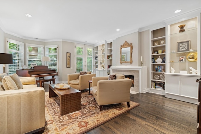 1725 N Fremont St, Chicago, IL 60614 - living room with crown molding, a fireplace, dark wood-style floors, recessed lighting, and built in shelves