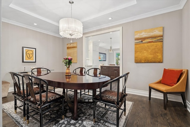 1725 N Fremont St, Chicago, IL 60614 - dining area with a tray ceiling, dark wood-style floors, recessed lighting, a chandelier, and crown molding