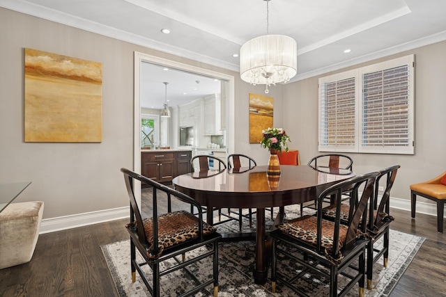 1725 N Fremont St, Chicago, IL 60614 - dining room featuring crown molding, dark wood-type flooring, a chandelier, a tray ceiling, and recessed lighting