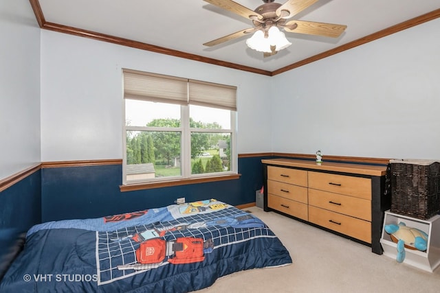 2909 Savannah Dr, Aurora, IL 60502 - bedroom with ornamental molding, light carpet, and a ceiling fan