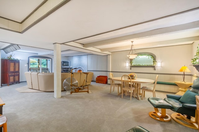 1304 W Whytecliff Rd, Palatine, IL 60067 - living area featuring carpet floors, beamed ceiling, and a wainscoted wall