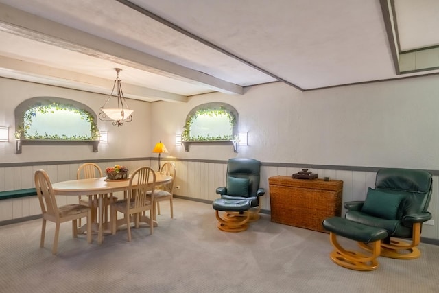 1304 W Whytecliff Rd, Palatine, IL 60067 - dining room with wainscoting, carpet, beam ceiling, and healthy amount of natural light