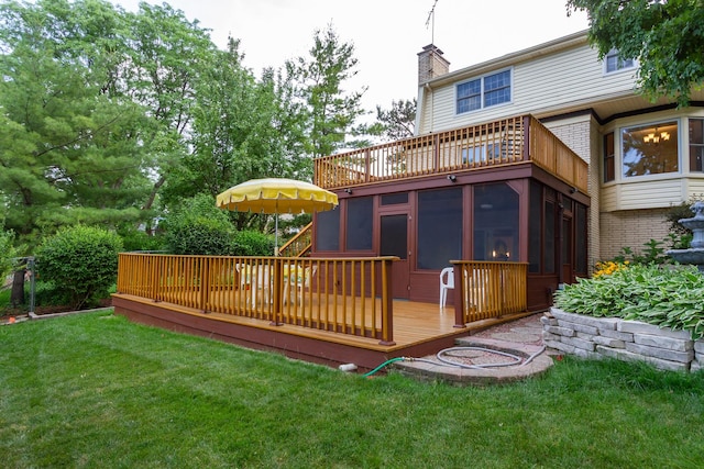 1304 W Whytecliff Rd, Palatine, IL 60067 - back of property featuring a sunroom, a chimney, a deck, and a yard