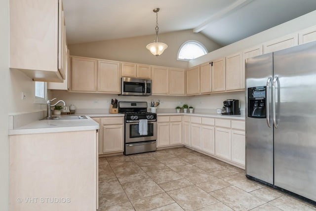 1700 Cumberland Dr, Plainfield, IL 60586 - kitchen with appliances with stainless steel finishes, light brown cabinets, healthy amount of natural light, high vaulted ceiling, and light countertops