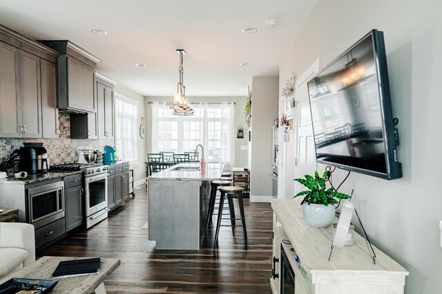 210 Leeward Way, Ottawa, IL 61350 - kitchen featuring stainless steel appliances, dark wood-type flooring, a center island with sink, tasteful backsplash, and a kitchen bar