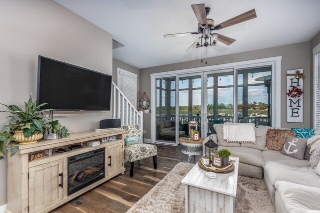 210 Leeward Way, Ottawa, IL 61350 - living room featuring dark wood-style flooring and ceiling fan