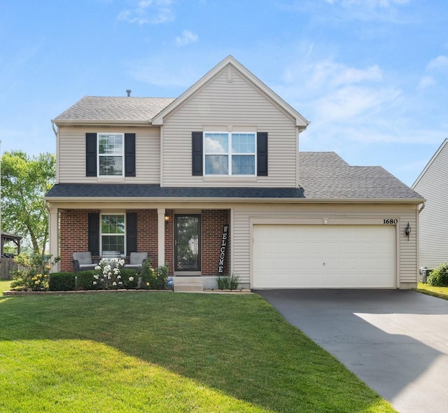 1680 Rockport Rd, Hampshire, IL 60140 - traditional-style house featuring driveway, a front yard, a garage, and a shingled roof