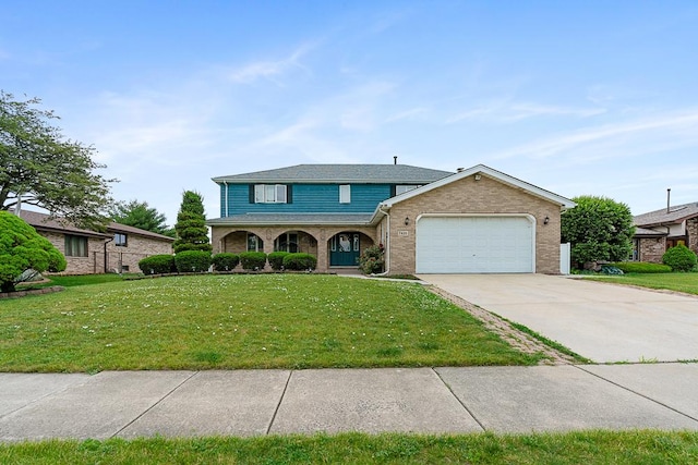 7435 W 157th St, Orland Park, IL 60462 - traditional-style home with a garage, concrete driveway, brick siding, a front lawn, and a porch