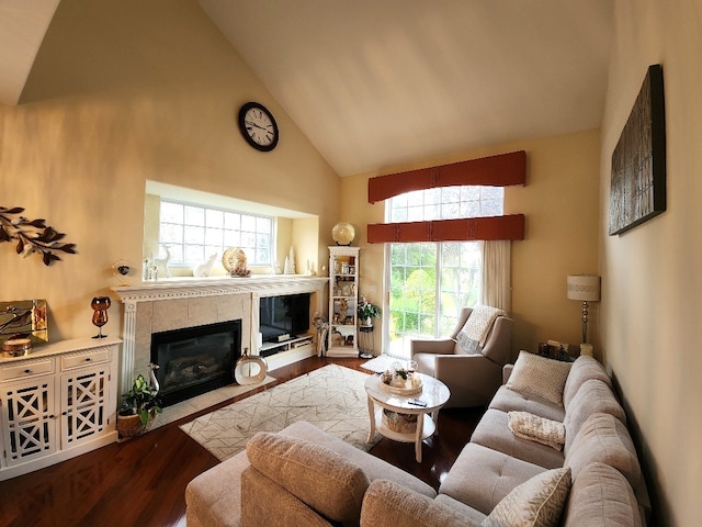 2510 Lorraine Cir, Geneva, IL 60134 - living room featuring high vaulted ceiling, a fireplace, and wood finished floors
