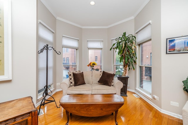909 W Village Ct, Chicago, IL 60608 - living area with light wood-style flooring, healthy amount of natural light, and ornamental molding