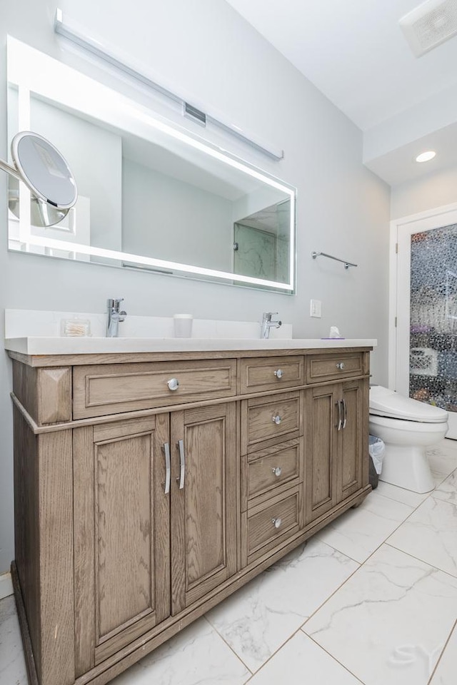 909 W Village Ct, Chicago, IL 60608 - bathroom with marble look tile flooring, double vanity, and recessed lighting