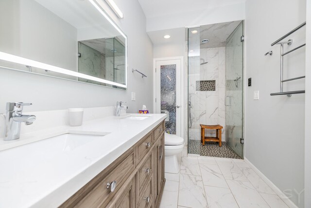 909 W Village Ct, Chicago, IL 60608 - full bathroom featuring recessed lighting, a marble finish shower, marble look tile flooring, and double vanity