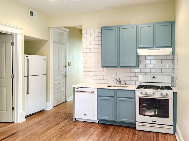 2641 W Thomas St, Chicago, IL 60622 - kitchen with white appliances, under cabinet range hood, blue cabinetry, light countertops, and backsplash