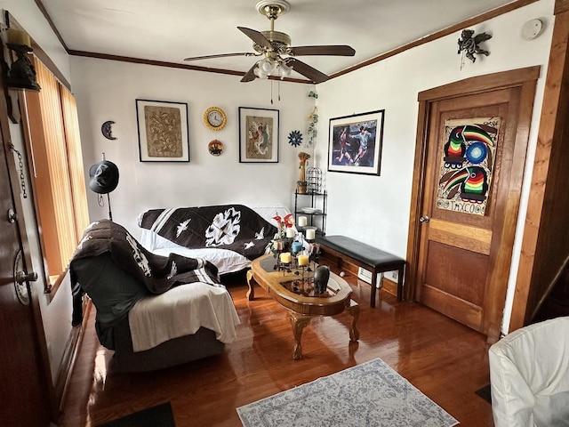 4440 W Iowa St, Chicago, IL 60651 - living room featuring wood finished floors, a ceiling fan, and crown molding