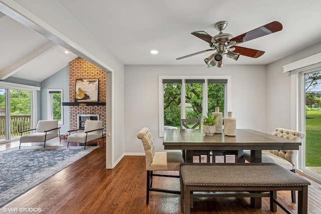 10 N Highview Cir, Hawthorn Woods, IL 60047 - dining space with wood finished floors, ceiling fan, a brick fireplace, and recessed lighting