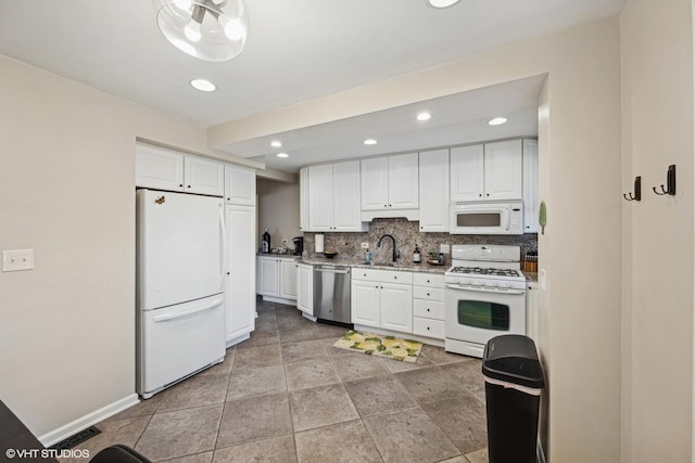8041 W 29th Ct, North Riverside, IL 60546 - kitchen with white appliances, white cabinetry, backsplash, and recessed lighting