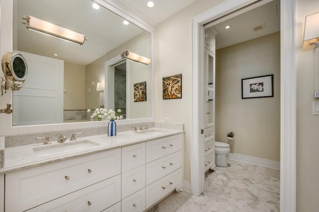 118 E Erie St Unit 21C, Chicago, IL 60611 - bathroom featuring double vanity, marble finish flooring, and recessed lighting