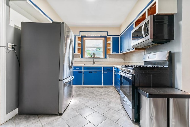 8112 Christie Ave, Lyons, IL 60534 - kitchen with appliances with stainless steel finishes, blue cabinets, light countertops, open shelves, and tasteful backsplash