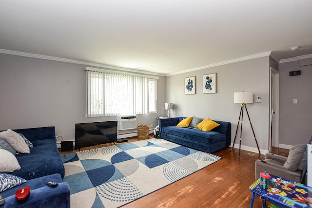 17242 71st Ct Unit 10, Tinley Park, IL 60477 - living area with wood finished floors, ornamental molding, baseboard heating, and an AC wall unit