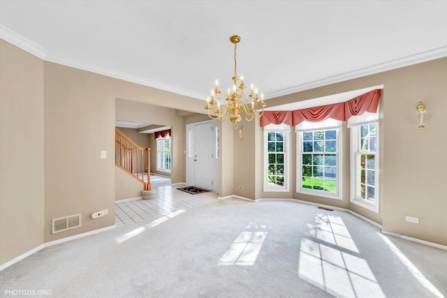 1175 Oxford Ct, Lake Zurich, IL 60047 - spare room with crown molding, a chandelier, healthy amount of natural light, carpet, and stairs