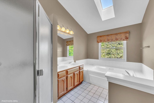 1175 Oxford Ct, Lake Zurich, IL 60047 - full bath with a skylight, a garden tub, tile patterned floors, double vanity, and lofted ceiling