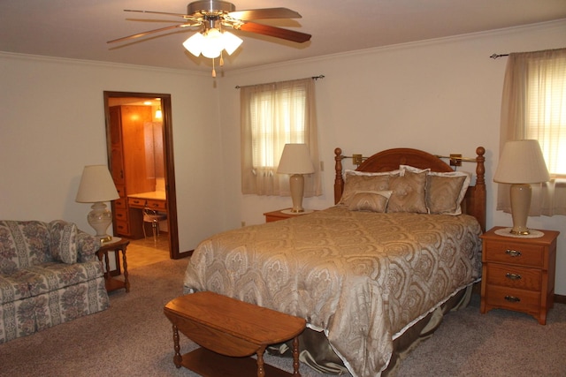 28 Manorhill Dr, Clinton, IL 61727 - bedroom featuring carpet flooring, crown molding, connected bathroom, and a ceiling fan