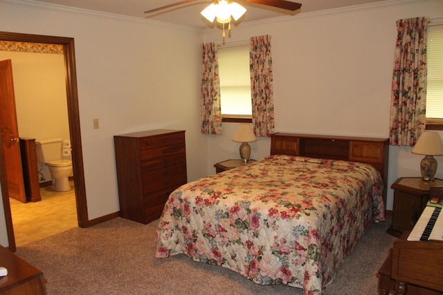 28 Manorhill Dr, Clinton, IL 61727 - bedroom featuring crown molding, light colored carpet, a ceiling fan, and connected bathroom