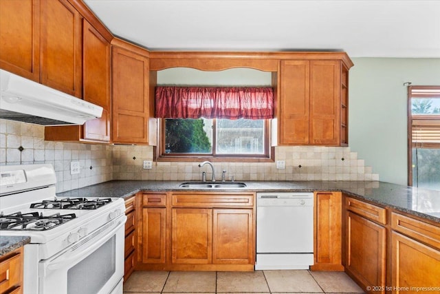 659 W Albert St, Elmhurst, IL 60126 - kitchen with white appliances, under cabinet range hood, brown cabinetry, and dark stone countertops