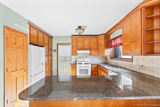 659 W Albert St, Elmhurst, IL 60126 - kitchen with white appliances, under cabinet range hood, open shelves, a peninsula, and decorative backsplash