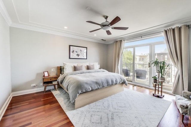 846 W Roscoe St Unit 3W, Chicago, IL 60657 - bedroom featuring access to exterior, crown molding, wood finished floors, recessed lighting, and ceiling fan
