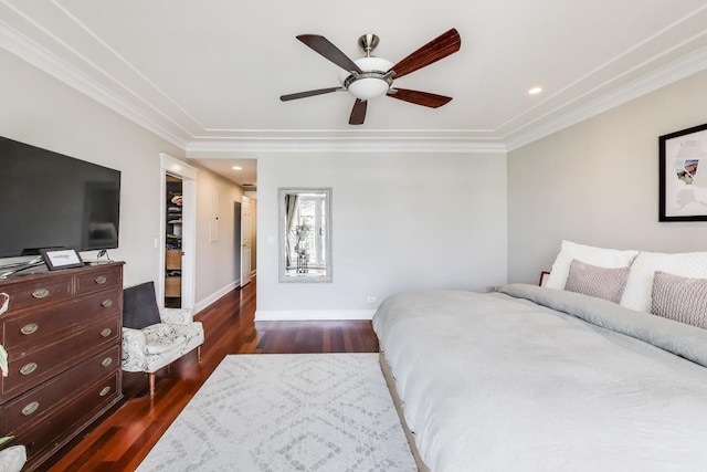 846 W Roscoe St Unit 3W, Chicago, IL 60657 - bedroom with crown molding, dark wood-style flooring, a ceiling fan, a spacious closet, and recessed lighting