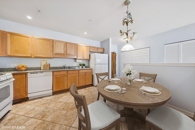 965 Rogers St Unit 202, Downers Grove, IL 60515 - kitchen featuring white appliances, decorative light fixtures, light tile patterned floors, and recessed lighting