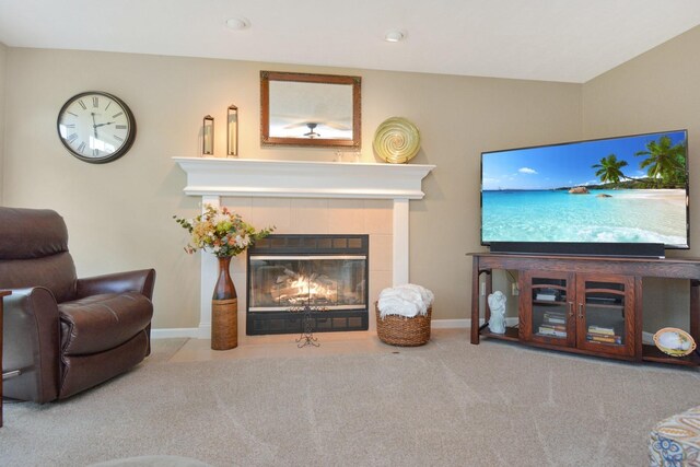 3115 Sable Oaks Rd, Bloomington, IL 61704 - carpeted living area with a fireplace and recessed lighting