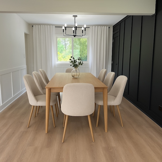 222 S Maple St, Palatine, IL 60067 - dining space featuring a chandelier, a decorative wall, light wood-style floors, and wainscoting