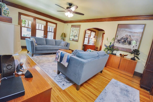 9 Harwood Pl, Bloomington, IL 61701 - living area featuring arched walkways, ceiling fan, light wood-style floors, and crown molding