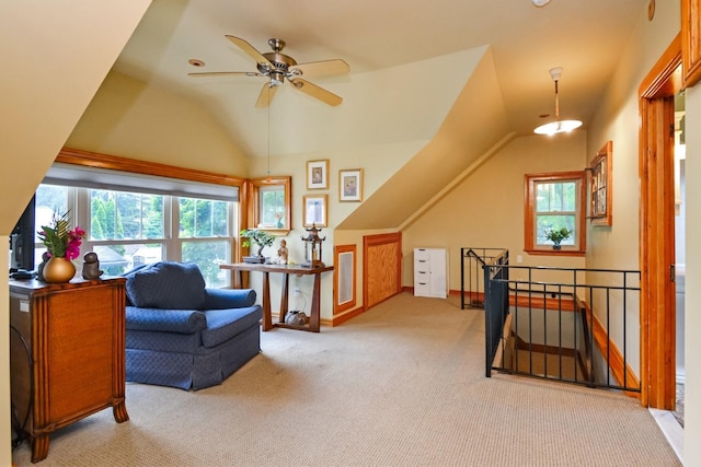 9 Harwood Pl, Bloomington, IL 61701 - additional living space with vaulted ceiling, carpet flooring, and a ceiling fan