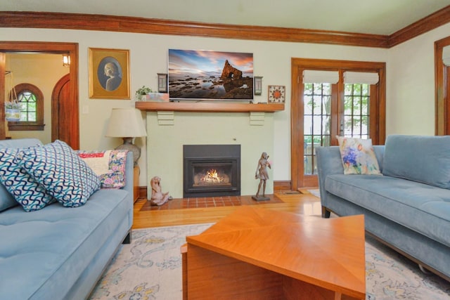 9 Harwood Pl, Bloomington, IL 61701 - living room featuring ornamental molding, wood finished floors, and a fireplace with flush hearth