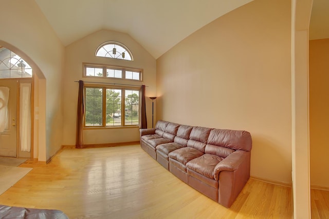 4914 W 82nd St, Burbank, IL 60459 - living room featuring light wood-type flooring, vaulted ceiling, and arched walkways